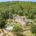 Aerial view of villa, annexes, pool and gardens